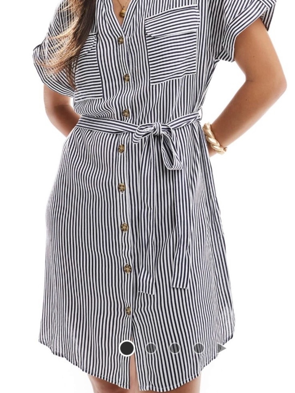 Navy and White Striped Button-Front Dress with Tie Waist